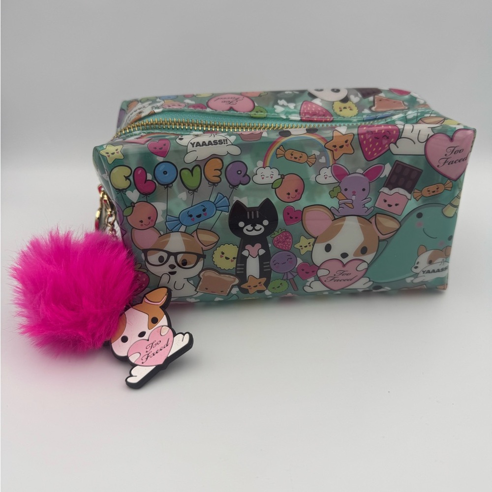 Too Faced Kawaii Cosmetic Makeup Bag Pom Pom Dog Charm NWOT